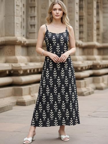 Image of Aahwan White Printed Round Neck Sleeveless Backless Long Indo Western Fusion Dress for Women's & Girl's