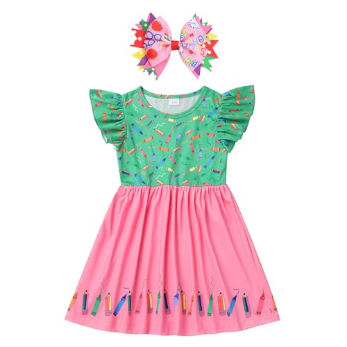 Toddler Girls Back to School Dress Flutter Sleeve Apple Pencil Print Summer Causal Dress with Bowknot Headband