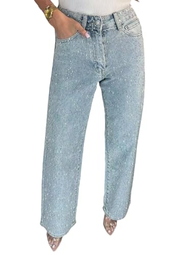 OLAMIOSO Jeans for Women Straight Leg High Waist Stretch Flare Denim Pants Flared Jeans for Women Rhinestone Pockets Sparkly Bling Glitter Denim Pants (Light Blue M)