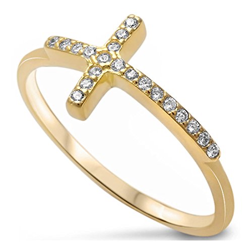 Blue Apple Co. Sideways Cross Ring Round Pave Simulated Cubic Zirconia Yellow Tone 925 Sterling Silver, Size - 7