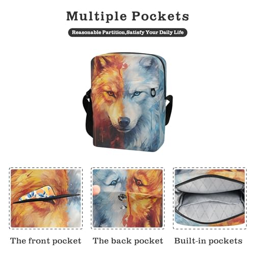 Crossbody Bag Fire Flame Wolf Animal Messenger Bag for Women Men Purse Shoulder Bag Satchel Bag with Adjustable Strap 214A71612