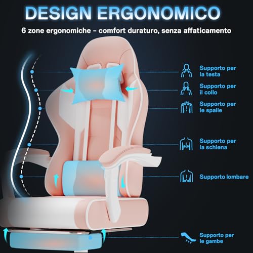 Sedia da gaming con poggiapiedi telescopico, schienale regolabile 90°-150°, sedia da gioco con poggiatesta e supporto lombare, sedia da ufficio, 150 kg (colore rosa) - Sedia gaming - Immagine 4
