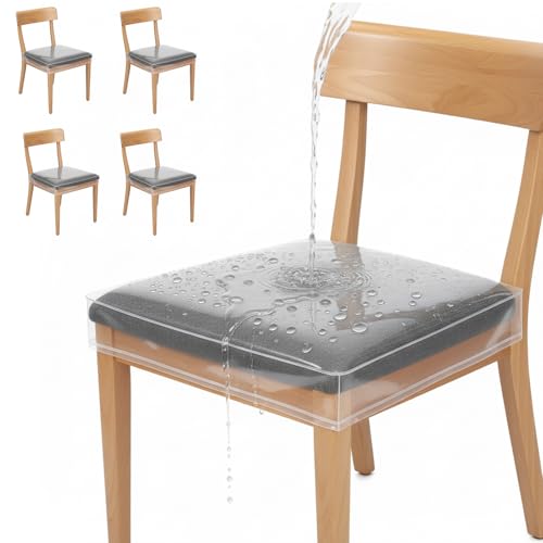 Houseables Plastic Chair Covers, Plastic Seat Covers for Dining Chairs, Seat Protectors, Vinyl, Waterproof, Clear Cushion Protector for Cats, Kids, Kitchen Room Table, Fits 16-18 Inch, 4 Pack Set