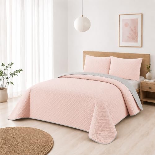 BESCH Colcha Boutis para Primavera y Verano con Relieve Trenzado de Color Rosa Palo + 2 Funda Cojin 50x70 cm   Cubrecama Ligera Fina Entretiempo Extra Suave y Transpirable (Cama 135, 220x260cm)