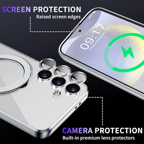 Image of Magnetic Stand & Full Camera Lens Protector Case for Samsung Galaxy S24 [Compatible with MagSafe][Military Drop Protective] Not Yellowing Clear Slim Soft S24 Phone Case for Women Men,Silver