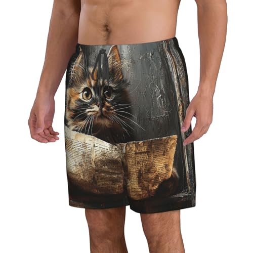 Men's Swim Trunks Beach Board Shorts Swimwear Bathing Suits - Cat Old Newspaper Vintage2