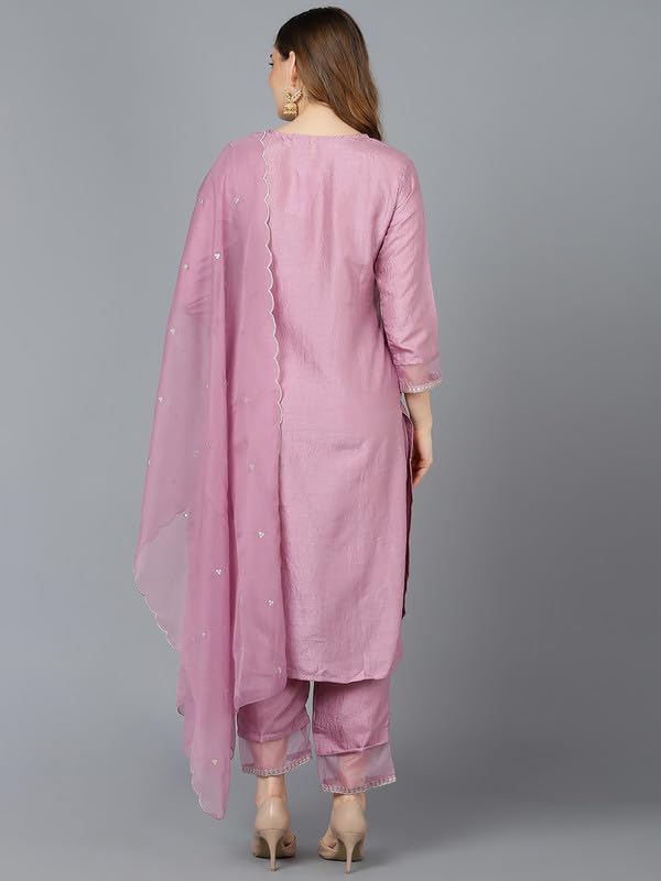 Image of Vaamsi Women's Silk Blend Sequins Yoke Design Straight Kurta Pant With Dupatta