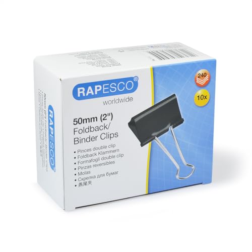 Rapesco FBC500B1 Pinzas/Clips de 50 mm con Brazos Plegables, Capacidad hasta 215 Hojas, Negro, Paquete de 10