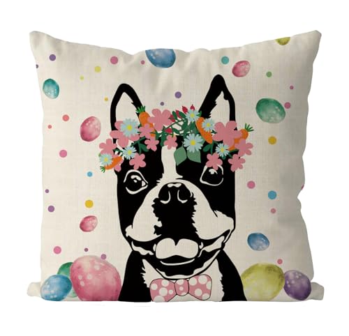 GAGEC Fundas de almohada de Pascua de 18 x 18 pulgadas, funda de almohada de Boston Terrier, huevos de Pascua, hogar, sofá, dormitorio, decoración de granja de perro de temporada