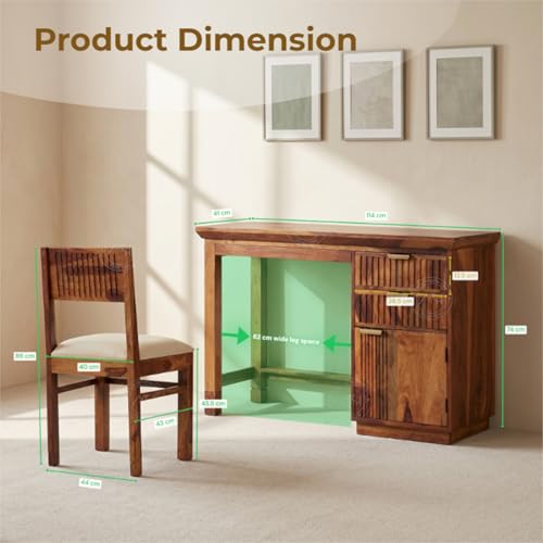 Image of NSH Solid Sheesham Wood Study Table with Chair | Wooden Writing Desk with Drawer & Door Storage | Pre-Assembled Computer Desk Workstation for Home Office & Study Room | Honey Finish
