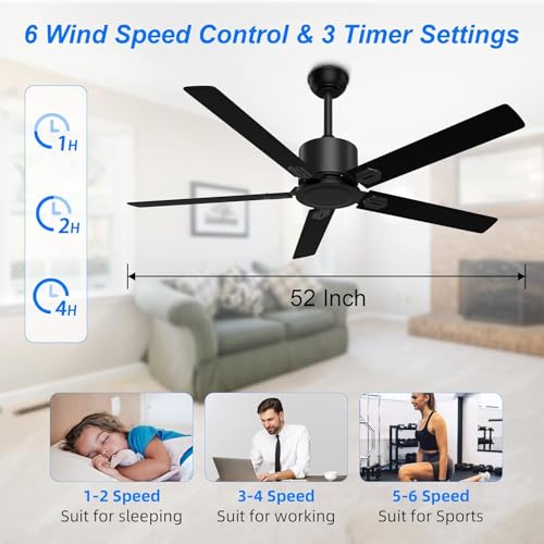 Image of Obabala 52 in Black Ceiling Fan No Light, Outdoor Ceiling Fans with Remote Control without Light, 5 Blades, 6 Speed Reversible DC Motor Modern for Patios, Garage, Bedroom, Porch