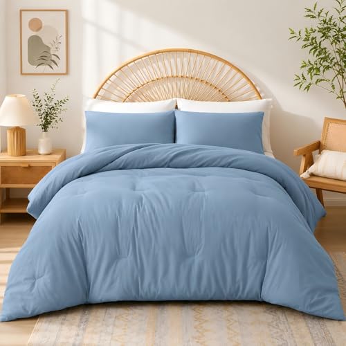 Image of weigelia Dusty Blue Comforter Set Full Size, 3 Pieces Lightweight Bedding Set with 1 Comforter & 2 Pillowcases, Soft Microfiber Blue Comforter, Breathable All Season Comforter Set, Machine Washable