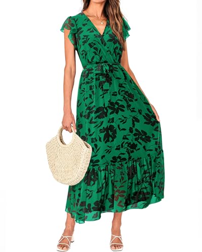 Image of BTFBM Women Summer Bohemian Floral Casual Wrap V Neck Ruffle Cap Sleeveless Belt A-Line Pleated Hem Midi Sun Dress White