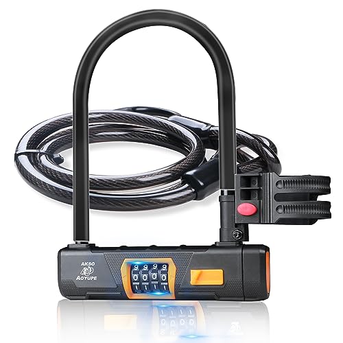 Akso Aoyupe Black Silicone 4-Digit Resettable Combination Heavy Duty Anti-Theft Locks and 12mm x1.2m Cable,Keyless Lock for Outdoor,U-Lock with Sturdy Mounting Bracket,for Mountain Bikes,?1 Set?