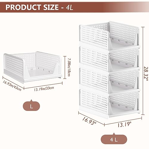 Image of 4 Pack Folding Closet Organizers Storage Box, Stackable Storage Bins, Plastic Drawer Basket Closet Storage for Wardrobe Cupboard Kitchen Bathroom Office White-4L