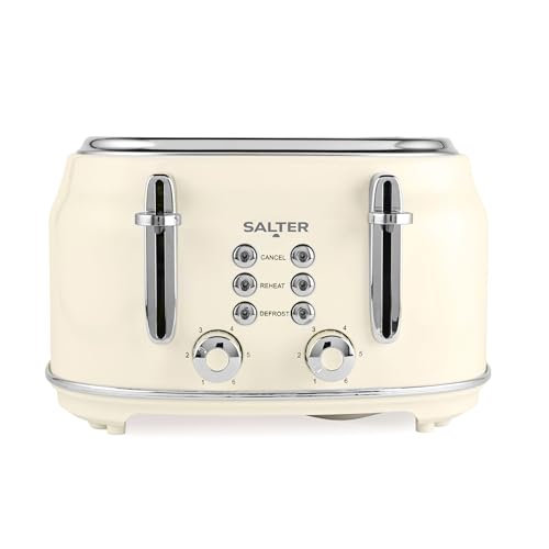 Salter Retro Tostadora de 4 Rebanadas – Ranuras Anchas, 6 Niveles, Descongelar, Recalentar, Cancelar, Bandeja removible para Migas, Expulsión Elevada, Auto-Centrado, 1630W, Crema, EK5739CRMVDE