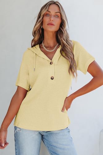Image of Dokotoo Womens Summer Tops Waffle Knit Short Sleeve Lightweight Drawstring Hoodies Button V Neck Casual Blouses Shirts