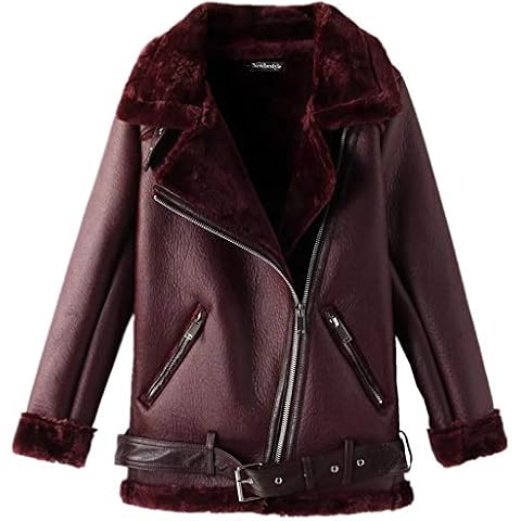 Newbestyle Women’s Faux Leather Moto Jacket Warm Sherpa Lined Oversized Biker Jacket Coat Wine Red L Cover