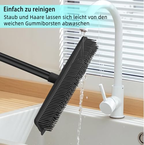 2 in 1 Gummibesen mit Stiel, 156cm Langen Stiel Besen zum Entfernen von Tiere Katzen Hunde Haare Teppichbürste Bodenbürste Kehrbesen für Innen- und Außenbereich Schrubbe (Schwarze Fellentfernung) – Bild 5