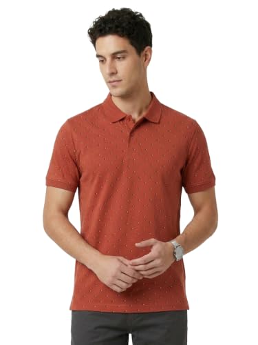 Raymond Men Modern Fit Print Pattern Pure Cotton Polo Neck Half Sleeve Casual T-Shirt Dark Orange Deal