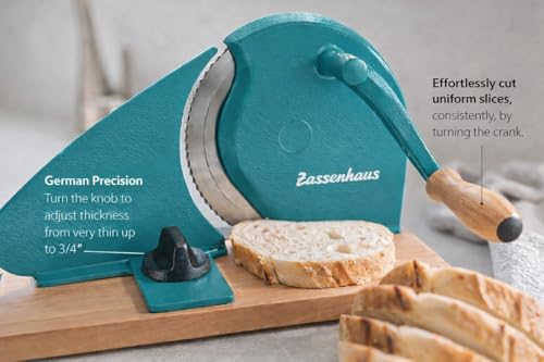 Image of Zassenhaus Original Classic Adjustable Bread Slicer for Uniform Slices - Bread Slicer for Homemade Bread - 18 /8 Stainless Steel Blade Sourdough Cutter-Water Blue 11.75 inch x 8 inch