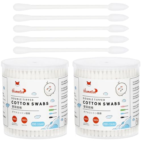 HOMEFOX Cotton Swabs Precision Pointed - 400 Count Pointy Organic Cotton Buds Double Side Tightly Wrapped Cotton Tips Paper Stick Soft Gentle Lint-Free Cruelty-Free, Pointy & Round (White)