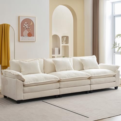 Image of Oprisen 120 inch Modular Sectional Sofa, Comfy Cloud Couch Sectional Sofa, Chenille Sofa Sleeper Deep Seat Sofa with Throw Pillows for Living Room (Beige White, 120 inch- 3 Seater)