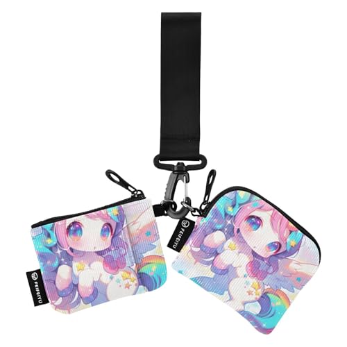 Cute Chibi Unicorns Women's Change Wallet Card Cases Compact Size Identity Card Protector with Wristlet Strap for Work Travel 2 Pcs Recto Verso