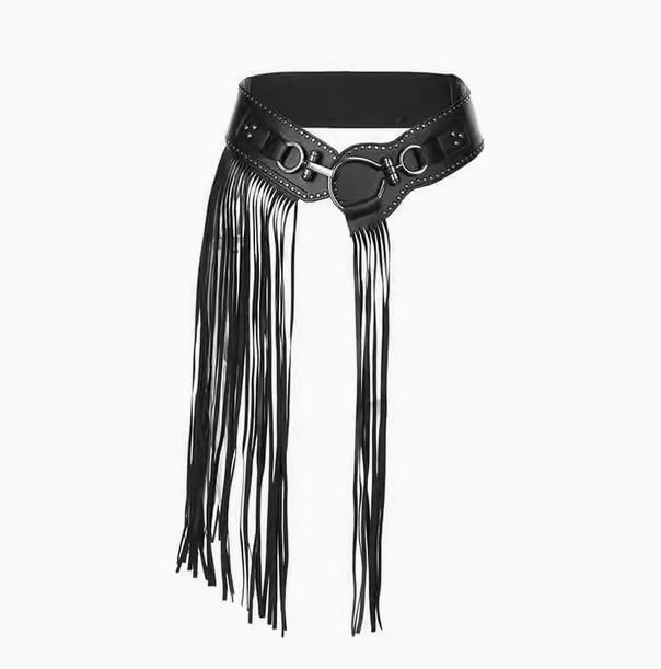 KESYOO 1pc Punk Style Leather Tassel Skirt Fashionable Leather Rivet Wide Belt with Tassel (Black Size L 68-75CM (Waist))