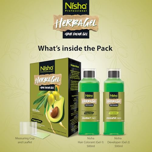 Image of Nisha Herba Care Hair Colour & Beard Colour Gel 200ml (100ml Colorant + 100ml Developer), Original Black, 100% Grey Coverage, No-Ammonia, Long Lasting, Professional Dye for Men & Women, Vegan, No Parabens