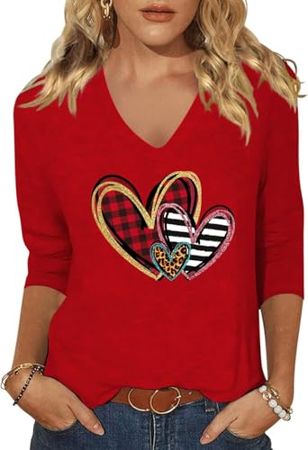 Image of Womens 3 /4 Sleeve V Neck Valentine T Shirts Love Heart Printed Graphic Tee Tops