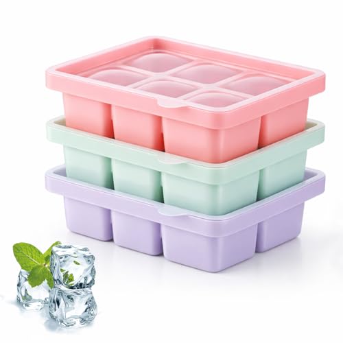3 Stück Eiswürfelform, Silikon Eiswürfelbehälter XL Mit Deckel, Stapelbar und Spülmaschinenfest Eiswürfelformen, Für Bier und Wein (3 Farbe, 3er Set(18 Eiswürfel))