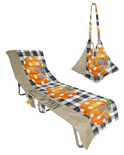Pumpkin Plaid Beach Chair Towel Covers for Chaise Lounge with Side Pocket, Soft Plush Pool Towels Cover for Patio Sunbathing Outdoor 29''x85'' Boho Thanksgiving Fall Buffalo Dot Black