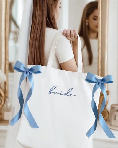 Bolsa tote de lienzo con lazo azul para novia miniatura 3