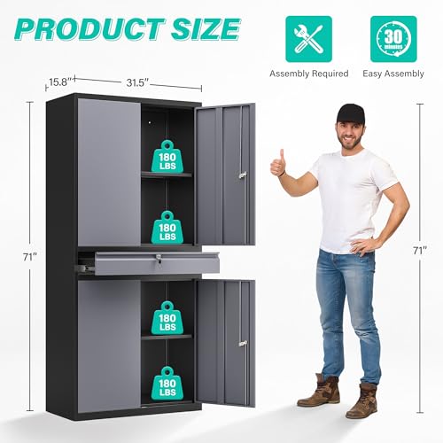 Image of Metal Storage Cabinet with Doors and Shelves,Garage Storage Cabinets with Lock and Drawer,Metal Cabinet with Locking Doors,4 Door Steel Cabinet,71 inch Tall Lockable Cabinets for Garage,Home,Office