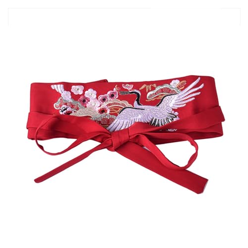 Chinese Han Dynasty Clothing Waistband with Embroidery Wide Tie Belt with Chinese Crane Flower Pattern