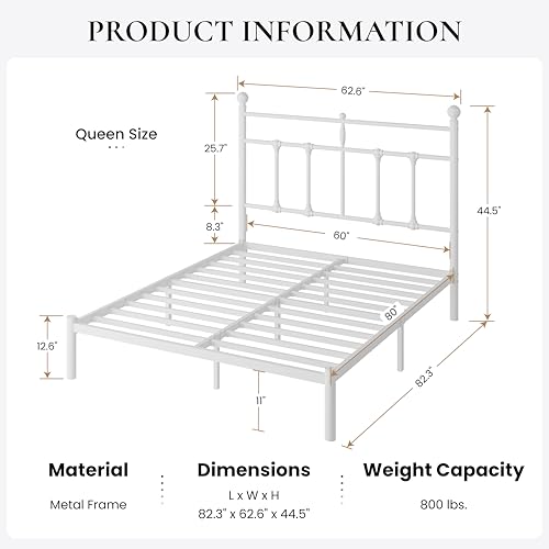 Image of SHA CERLIN Queen Size Metal Platform Bed Frame with Victorian Vintage Headboard /Under Bed Storage /No Box Spring Needed /Easy Assembly /Noise Free /Mattress Foundation /White