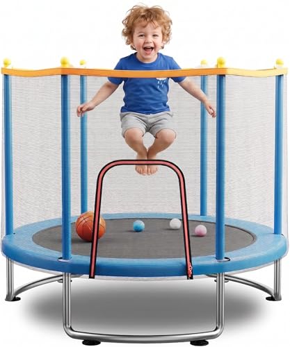 Kids Trampoline with Safety Net  440lbs Capacity, Upgraded Rust-Proof Ring Legs, Adjustable Gymnastics Bar & Toys  Indoor Outdoor Toddler Trampoline for Boys & Girls Ages 1-8