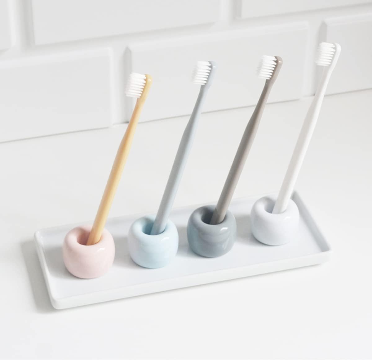4 Piece Ceramics Toothbrush Holders Mini Donut Shape with Tooth Brush Stand for Razor Stand, Makeup Brush,Pens, Stylus,Stand Ring for Bathroom Vanity Countertops (Gray) image 4