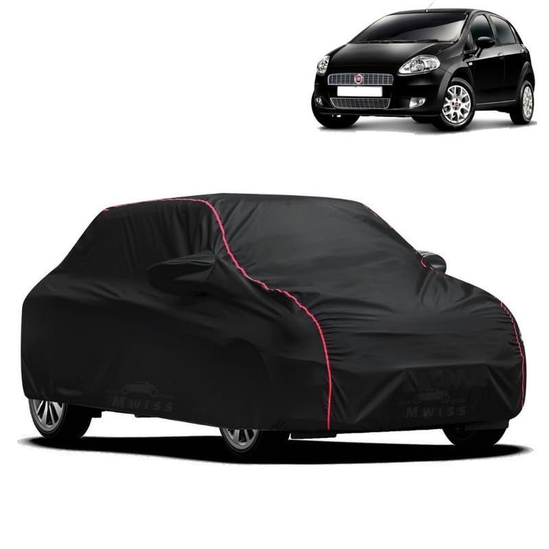 Image of Waterproof Car Cover for Fiat Abarth Punto | All-Weather Protection, Dustproof & UV Resistant | Triple Stitched Mirror Pockets, Windproof Buckle Strap with Elastic Hem, Black-Red Piping