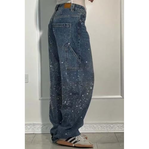 Casual Rhinestone Loose Harem Jeans - Stretchy Denim with Sparkle, Perfect for Parties & Daily Wear3