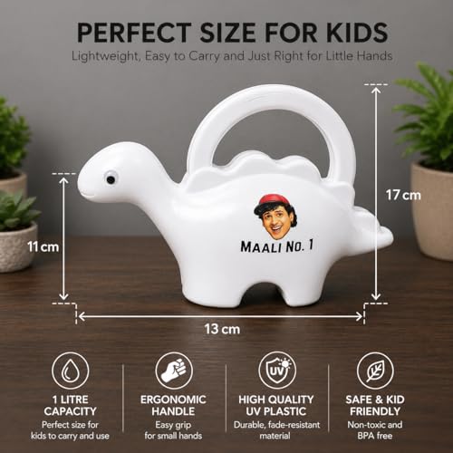 Image of Dinosaur Watering Can for Kids | 1 Litre | Plastic Dinosaur with Moving Eyes | Leak Proof, Lightweight, Easy Grip Watering Can | Kids Return Gifts | 10 Inches (Maali No. 1 White)
