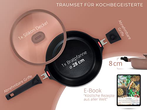 TRAUMLEBEN® Bratpfanne 28 cm mit Deckel, abnehmbaren Griffen & Hitzeindikatoren | PFOA-frei & für Induktion geeignet | Beschichtete Pfanne mit hohem Rand zum Braten, Schmoren, Garen & Genießen – Bild 5
