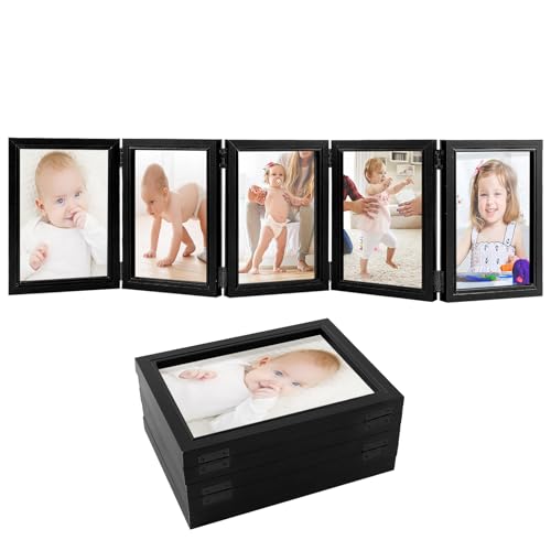 Biggun 5x7in 5 Folding Accordion Picture Frame - Foldable Hinged Collage Photo Frames for Tabletop Display Multiple Family Pictures Birthday Father's Day Gifts (Black)