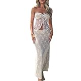 WONGCHOlCE Skirt Sets Women 2 Piece Outfits Sexy See Through Strapless Lace Tube Top Bodycon Maxi Skirts Y2K Set(White,Medium)