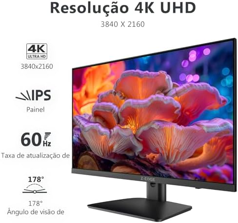 Monitor 4K 27 polegadas Z-Edge, IPS Ultra HD 3840x2160, 60 Hz, Monitor PC, FreeSync, 99% sRGB, 2 HDMI e 2 DP, Ajuste de Inclinação, Sem Bordas