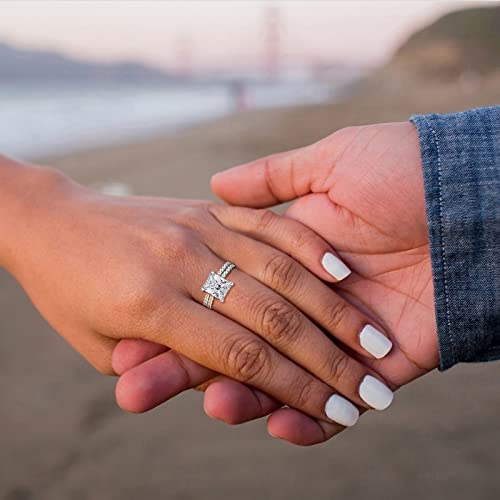 2 CT Radiant Cut Engagement Rings for Women Fake Wedding Ring Band Promise Rings for Her, Cubic Zicornia Ring 2 PCS, Size 4-114