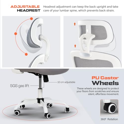 DROGO Premium Ergonomic Office Chair for Work from Home, High Back Computer Chair with Adjustable Seat, Lumbar Support & Headrest, Flip-up Armrest & Recline | Mesh Chair for Office/Home (Grey) - Image 4