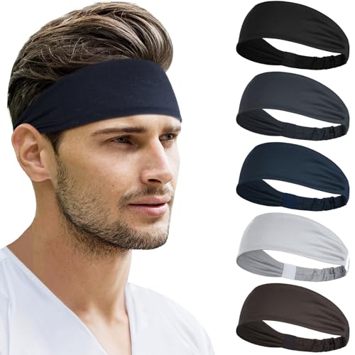 Image of Beister Sports Headbands for Men & Women (5 Pack), Moisture Wicking Sweatbands, Elastic Non Slip Sweat Bands, Athletic Workout Fashion Wide Hair Bands for Running, Cycling, Basketball, Yoga