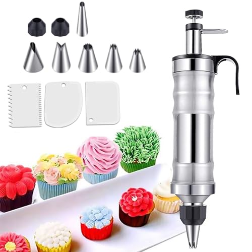 Tortenspritze - Garnierspritze Edelstahl,400ml Kuchenspritze Wiederverwendbarer,Profi Sahnespritze,Dessert Dekorieren Spritze mit 6 Tüllen,Torten Zubehör für Cupcakes, Torten Dekorieren, Kuchen